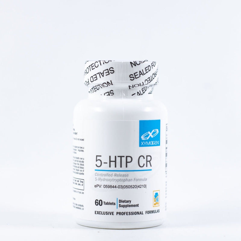 An image of a white bottle with the name 5-htp Cr by Xymogen
