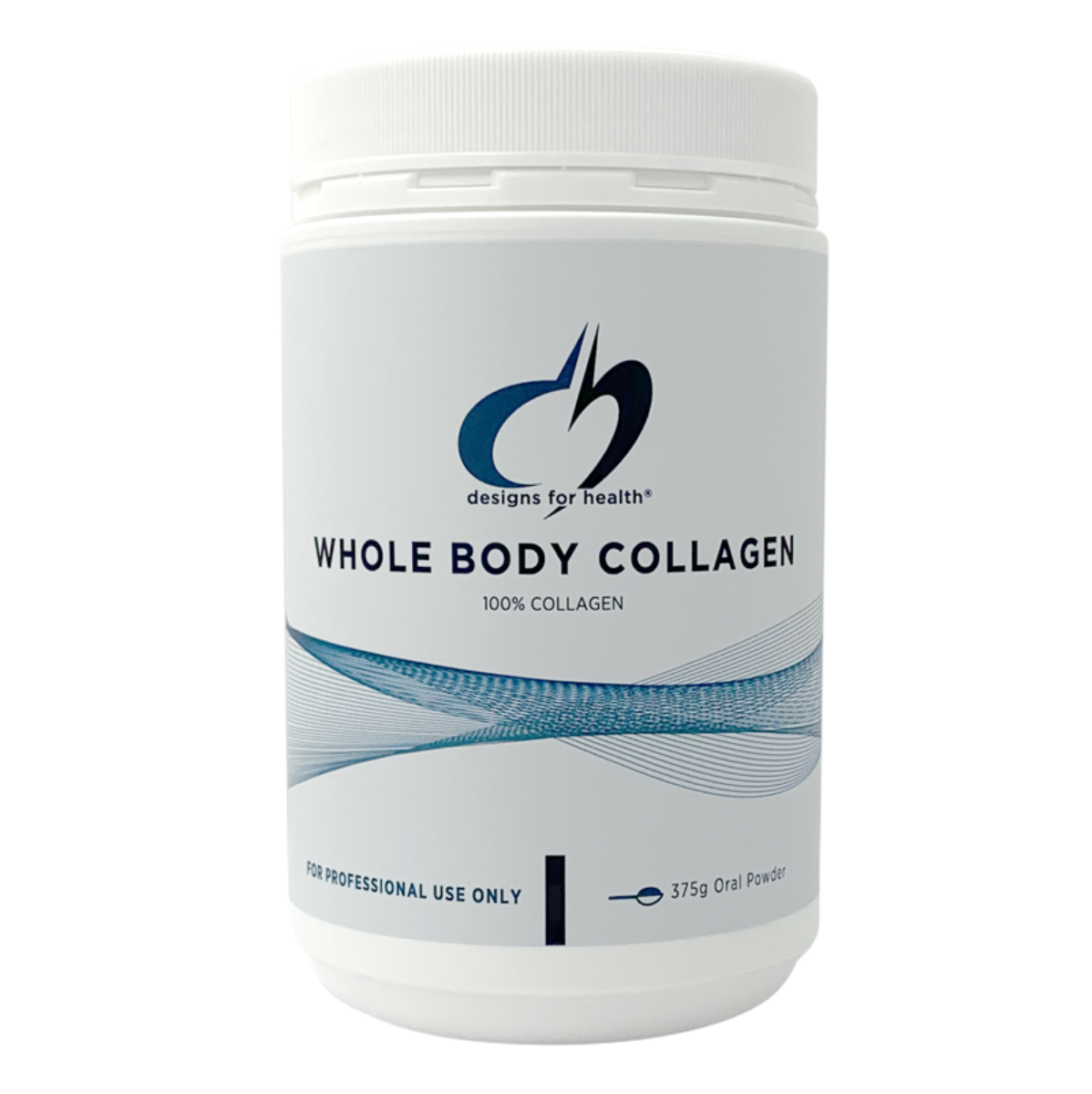 A white supplement container that says designs for health whole body collagen 100% collagen 375g oral powder