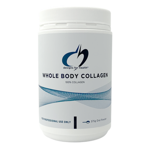 A white supplement container that says designs for health whole body collagen 100% collagen 375g oral powder