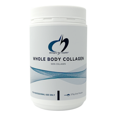 A white supplement container that says designs for health whole body collagen 100% collagen 375g oral powder