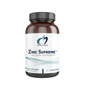 A white supplement bottle that says designs for helath zinc supreme dietary supplement 90 vegetarian caps 