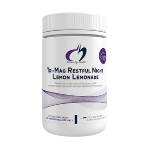 A container of Tri-Mag Restful Night Lemon Lemonade dietary supplement by Designs for Health.