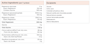 Ingredients list:
Magnesium glycinate, Equiv Magnesium, Magnesium citrate, equiv magnesium, glycine, crocs sativus (affron) ext. dry  conc. From min dry stigma, eschscholzia californica ext. dryconc., Equiv. dry herb top/flower, passiflora incarnata ext. dry conc, equiv dry flower, acacia citric, colloidal anhydrous silica, natural vanilla and chocolate powder, natural lemon powder, lemon lemonade powder, maltodextrin, stevia rebaudiana