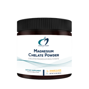 Image of Magnesium Chelate Powder by designs for health, white supplement bottle 150g 