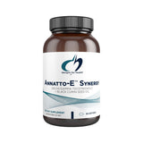 Image of a white supplement bottle that says desigsn for health annatto-e synergy delta/gamma tocotrienols + black cumin seed oil dietary supplement 60 softgels 