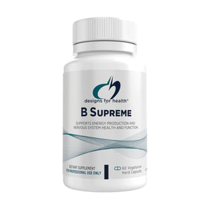 A bottle of 'B-Supreme' dietary supplement by Designs for Health, which supports energy production and nervous system health, with 60 capsules.
