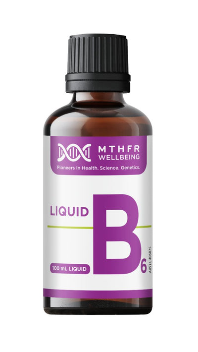 A supplement bottle with the name Liquid B6 by MTHFR