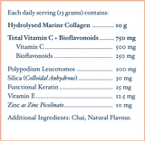 Text listing the ingredients including Hydolysed Marine Collagen, Vitamin C, Bioflavonoids, Polypodium Leucotomos, Silica, Functional Keratin, Vitamin E, Zinc picolinate