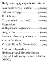 text describing the ingredients Passion flower, california poppy, Tart cherry, Chamomile, magnesium bisglycinate, ginger root, Lavender flower, zinc picolinate, vitamin b6