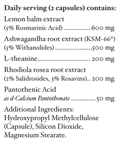 Text listing the ingredients including Lemon Balm, rosmarinic acid, Ashwagandha, ksm-66, Withanolides, L-theanine, Rhodiola rosea, Pantothenic acid, Salidrosides, Rosavins, D-calcium Pantothenate.