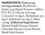 Text listing the ingredients including Pea Protein isolate, Papain Enzyme, L-Glycine, L-Leucine, L-Methionine, L-Isoleucine, L-Valine
