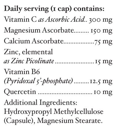 An image of text listing ingredients including Vitamin C, Ascorbic Acid, Magnesium Ascorbate, Calcium Ascorbate, Zinc Picolinate, Vitamin b6, Pyridoxal 5-phosphate, Quercetin