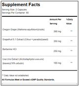Text listing the ingredients including Oregon Grape, Mahonia aquifolium, Grapefruit, berberine HCI, Uva Ursi, Arctostaphylos