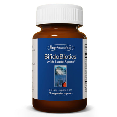 A bottle of probiotics with the name Bifidobiotics from Allergy Research Group