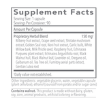 Text listing the ingredients including Bilberry fruit, grape seed, shiitake mushroom, golden seal, noni fruit, garlic bulb, White willow bark, Milk Thistle seed, Raspberry fruit, Echinacea, Purpurea plant extract, Echinacea Angustifolia, Black Walnet hull, Black Walnet leaf, Lavender oil, oregano oil, Glabanum oil, Tea Tree oil, fumitory aerial parts, Gentian Lutea root