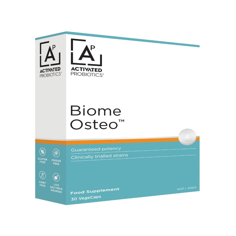 A box of probiotics called Biome Osteo. White and light blue box.