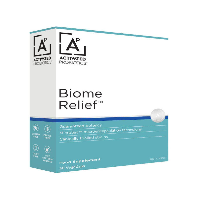 The front of box of probiotics called Biome Relief, blue and white.