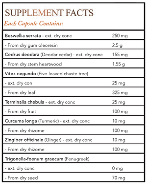 Text listing the ingredients including Boswellia serrata, Cedrus deodara, Vitex Negundo, Terminalia chebula, Curcuma Longa, Turmeric, Zingiber Officinale, Ginger, Trigonella-foenum graecum, Fenugreek