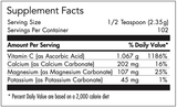 Text listing the ingredients which includes Vitamin C (as Ascorbic Acid), Calcium (as Calcium Carbonate), Magnesium (As Magnesium Carbonate), Potassium (as Potassium Carbonate)
