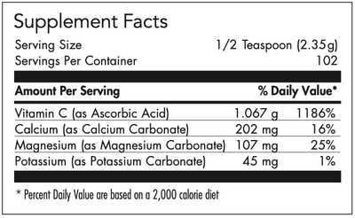 Text listing the ingredients which includes Vitamin C (as Ascorbic Acid), Calcium (as Calcium Carbonate), Magnesium (As Magnesium Carbonate), Potassium (as Potassium Carbonate)