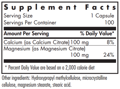 Text listing the ingredients which include Calcium (as Calcium Citrate) and Magnesium (as Magnesium Citrate)