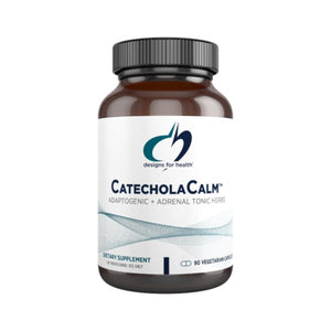 White suppelemnt bottle that says designs for health catechola calm adaptogenic + adrenal tonic herbs detary supplement 90 vegetable caps 