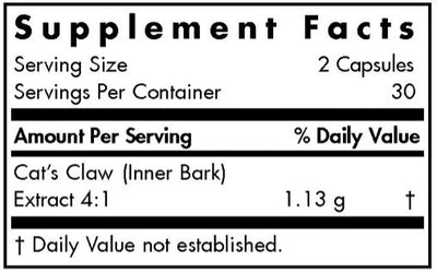 Text listing the ingredients which is Cat's Claw (Inner Bark) 4:1