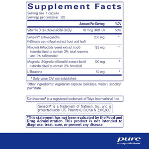 Text listing the ingredients including Vitamin D, Sensoril,  Rhodiola, Magnolia, L-theanine