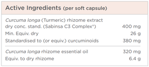 Ingredient list :
Curcuma longa (turmeric) rhizome extract dry conc. stand. (sabinsa C3 Complex), Standardised to (or equiv.) curcuminoids, curcuma longa rhizome essential oil, equiv to dry rhizome