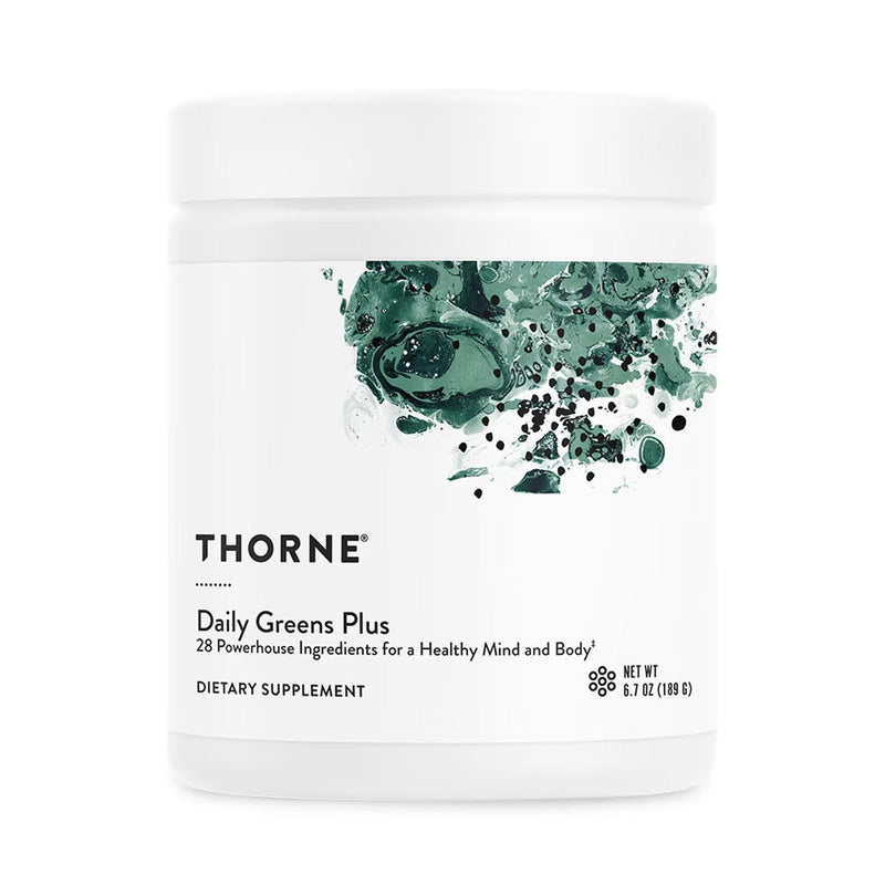 A supplement container with the label Thorne Daily Greens Plus
