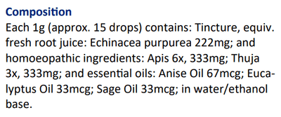 Text listing the ingredients including, Tincture, Echinacea purpurea, Apis 6x, Thuja 3x, Anise oil, Eucalyptus Oil, Sage oil in water/ethanol base.