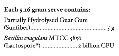 Text listing the ingredients including Partially Hydrolysed Guar Gum, Sunfiber, Bacillus coaguland MTCC 5856, Lactospore.