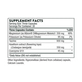 This image is of the ingredients list for Heart Helath Complex including Magnesium, Albion DiMagnesium Malate, Potassium citrate, Taurine, Hawthorn extract, Coenzyme q10