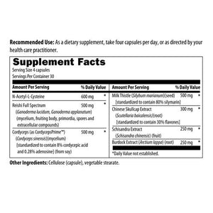 Ingredient list: 
N-cetyl- Cysteine, Reishi Full Spectrum, Cordyceps (as CordycepsPrime), Milk Thistle, Chinese Skullcap Extract, Schisandra Extract, Burdock Extract 