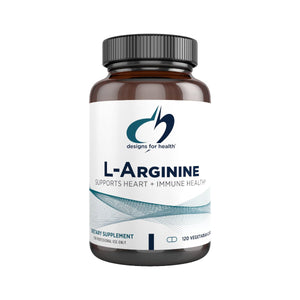 Image of a white suppelemnt bottle that says desigsn for health L- Arginine, supports heart + Immune Health Dietary supplement 120 vegetarian capsules 