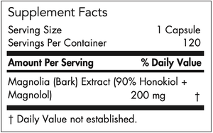 Text listing the ingredients including Magnolia Bark Extract (90% Honokiol + Magnolol 200mg)