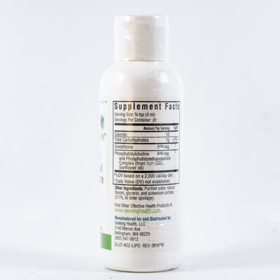 White container showing the back with the ingredients of a supplement called Optimal Liposomal Glutathione