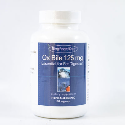 An image of a supplement bottle with the name Ox Bile 125mg